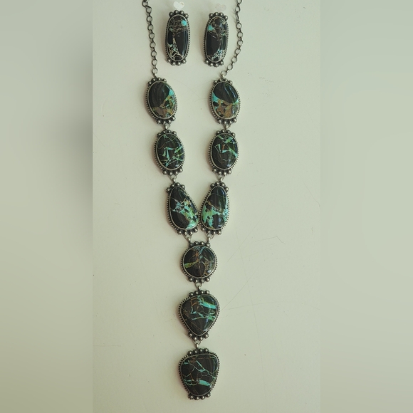 Dave Skeets Blackjack Turquoise Lariat And Earrings Set Sterling BIG - Picture 1 of 6